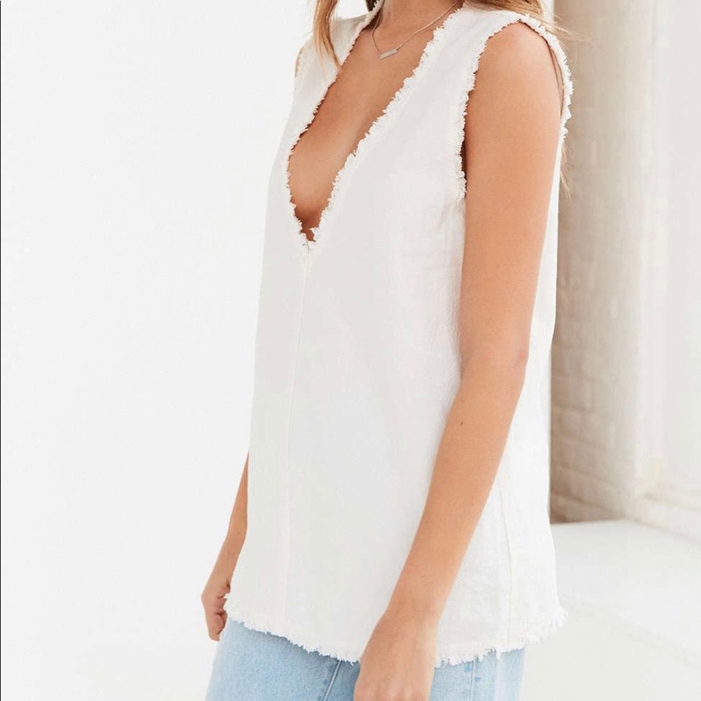 Silence + Noise Deep-V Frayed Denim Hem Tank Top